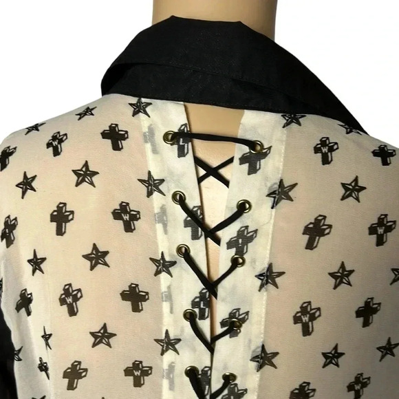 Sheer lace up blouse,cross,star,multi media,hi lo,indie sleeze,Whimsigoth,goth - Picture 3 of 12